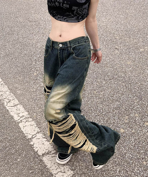ダメージバギーデニムパンツヴィンテージ風 レディース ゆるレトロデニムワイドパンツ 韓国風ジーパン カジュアル 後ろゴムジーンズ 体型カバーロングパンツ 春秋夏冬 80CHUNTAI-003