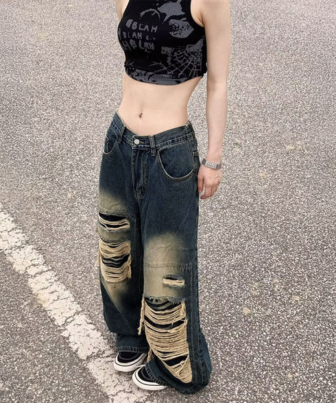 ダメージバギーデニムパンツヴィンテージ風 レディース ゆるレトロデニムワイドパンツ 韓国風ジーパン カジュアル 後ろゴムジーンズ 体型カバーロングパンツ 春秋夏冬 80CHUNTAI-003