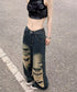 ダメージバギーデニムパンツヴィンテージ風 レディース ゆるレトロデニムワイドパンツ 韓国風ジーパン カジュアル 後ろゴムジーンズ 体型カバーロングパンツ 春秋夏冬 80CHUNTAI-003