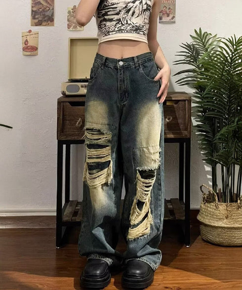 ダメージバギーデニムパンツヴィンテージ風 レディース ゆるレトロデニムワイドパンツ 韓国風ジーパン カジュアル 後ろゴムジーンズ 体型カバーロングパンツ 春秋夏冬 80CHUNTAI-003
