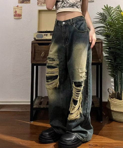 ダメージバギーデニムパンツヴィンテージ風 レディース ゆるレトロデニムワイドパンツ 韓国風ジーパン カジュアル 後ろゴムジーンズ 体型カバーロングパンツ 春秋夏冬 80CHUNTAI-003
