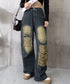 ダメージバギーデニムパンツヴィンテージ風 レディース ゆるレトロデニムワイドパンツ 韓国風ジーパン カジュアル 後ろゴムジーンズ 体型カバーロングパンツ 春秋夏冬 80CHUNTAI-003