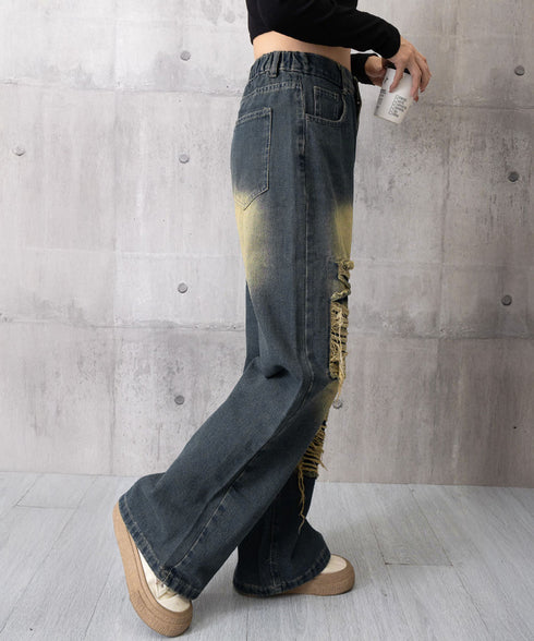 ダメージバギーデニムパンツヴィンテージ風 レディース ゆるレトロデニムワイドパンツ 韓国風ジーパン カジュアル 後ろゴムジーンズ 体型カバーロングパンツ 春秋夏冬 80CHUNTAI-003