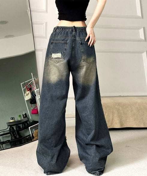 ダメージバギーデニムパンツヴィンテージ風 レディース ゆるレトロデニムワイドパンツ 韓国風ジーパン カジュアル 後ろゴムジーンズ 体型カバーロングパンツ 春秋夏冬 80CHUNTAI-003