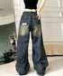 ダメージバギーデニムパンツヴィンテージ風 レディース ゆるレトロデニムワイドパンツ 韓国風ジーパン カジュアル 後ろゴムジーンズ 体型カバーロングパンツ 春秋夏冬 80CHUNTAI-003