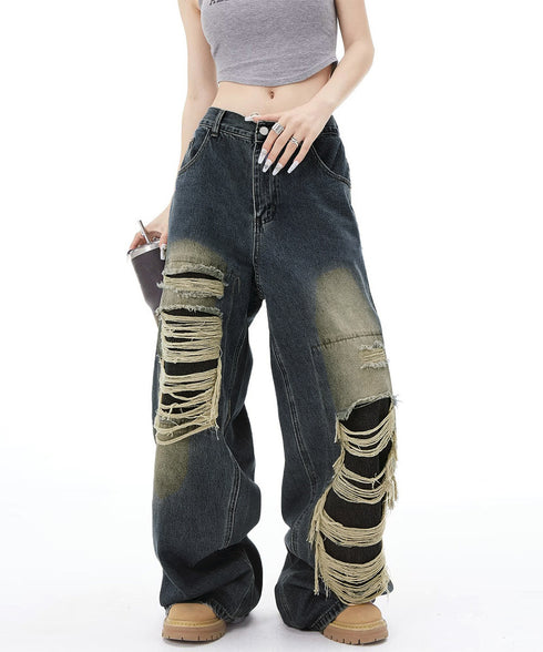 ダメージバギーデニムパンツヴィンテージ風 レディース ゆるレトロデニムワイドパンツ 韓国風ジーパン カジュアル 後ろゴムジーンズ 体型カバーロングパンツ 春秋夏冬 80CHUNTAI-003