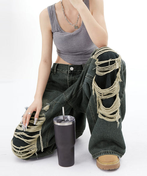 ダメージバギーデニムパンツヴィンテージ風 レディース ゆるレトロデニムワイドパンツ 韓国風ジーパン カジュアル 後ろゴムジーンズ 体型カバーロングパンツ 春秋夏冬 80CHUNTAI-003