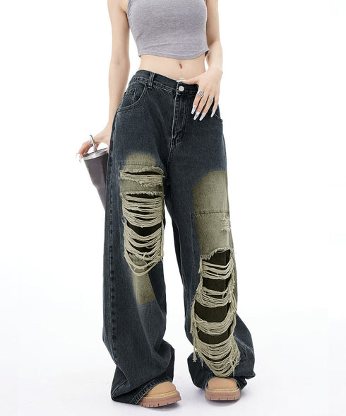 ダメージバギーデニムパンツヴィンテージ風 レディース ゆるレトロデニムワイドパンツ 韓国風ジーパン カジュアル 後ろゴムジーンズ 体型カバーロングパンツ 春秋夏冬 80CHUNTAI-003