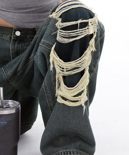 ダメージバギーデニムパンツヴィンテージ風 レディース ゆるレトロデニムワイドパンツ 韓国風ジーパン カジュアル 後ろゴムジーンズ 体型カバーロングパンツ 春秋夏冬 80CHUNTAI-003