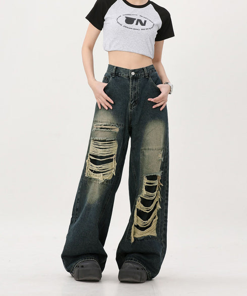 ダメージバギーデニムパンツヴィンテージ風 レディース ゆるレトロデニムワイドパンツ 韓国風ジーパン カジュアル 後ろゴムジーンズ 体型カバーロングパンツ 春秋夏冬 80CHUNTAI-003