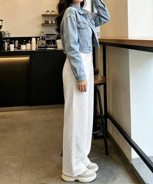 ダイヤ柄ジャガードワイドデニムパンツ美脚 ハイウエストストレートパンツ 体型カバー 大人カジュアル 高見えボトムス韓国風 脚長ジーンズ 着やせ きれいめカジュアル 80CHXSH-001