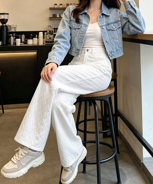 ダイヤ柄ジャガードワイドデニムパンツ美脚 ハイウエストストレートパンツ 体型カバー 大人カジュアル 高見えボトムス韓国風 脚長ジーンズ 着やせ きれいめカジュアル 80CHXSH-001