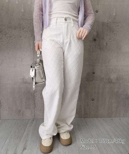 ダイヤ柄ジャガードワイドデニムパンツ美脚 ハイウエストストレートパンツ 体型カバー 大人カジュアル 高見えボトムス韓国風 脚長ジーンズ 着やせ きれいめカジュアル 80CHXSH-001