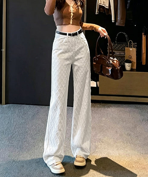 ダイヤ柄ジャガードワイドデニムパンツ美脚 ハイウエストストレートパンツ 体型カバー 大人カジュアル 高見えボトムス韓国風 脚長ジーンズ 着やせ きれいめカジュアル 80CHXSH-001