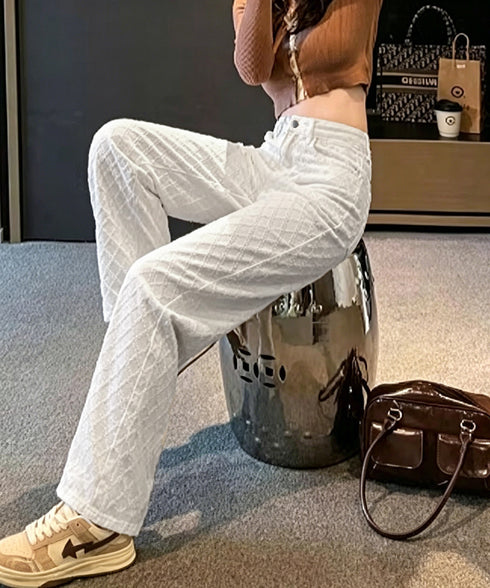 ダイヤ柄ジャガードワイドデニムパンツ美脚 ハイウエストストレートパンツ 体型カバー 大人カジュアル 高見えボトムス韓国風 脚長ジーンズ 着やせ きれいめカジュアル 80CHXSH-001