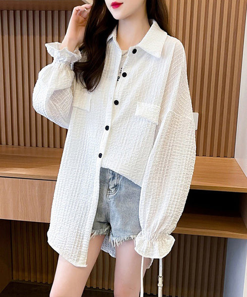 シャツカーディガン キャンディースリーブ シャツブラウス レディース 冷房対策羽織り 紫外線対策 ゆったり長袖トップス 着やせ 韓国風軽アウター春夏秋 ポロネック 80DAILAN-001
