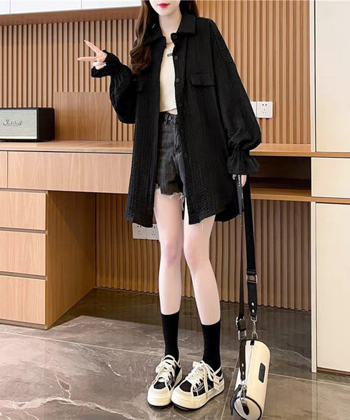 シャツカーディガン キャンディースリーブ シャツブラウス レディース 冷房対策羽織り 紫外線対策 ゆったり長袖トップス 着やせ 韓国風軽アウター春夏秋 ポロネック 80DAILAN-001