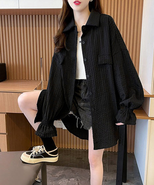 シャツカーディガン キャンディースリーブ シャツブラウス レディース 冷房対策羽織り 紫外線対策 ゆったり長袖トップス 着やせ 韓国風軽アウター春夏秋 ポロネック 80DAILAN-001