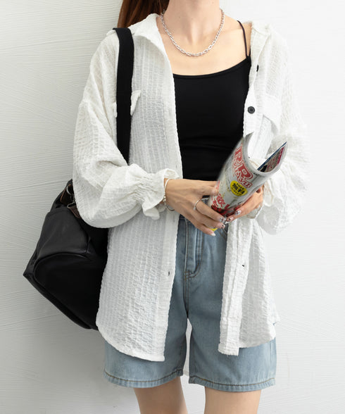 シャツカーディガン キャンディースリーブ シャツブラウス レディース 冷房対策羽織り 紫外線対策 ゆったり長袖トップス 着やせ 韓国風軽アウター春夏秋 ポロネック 80DAILAN-001