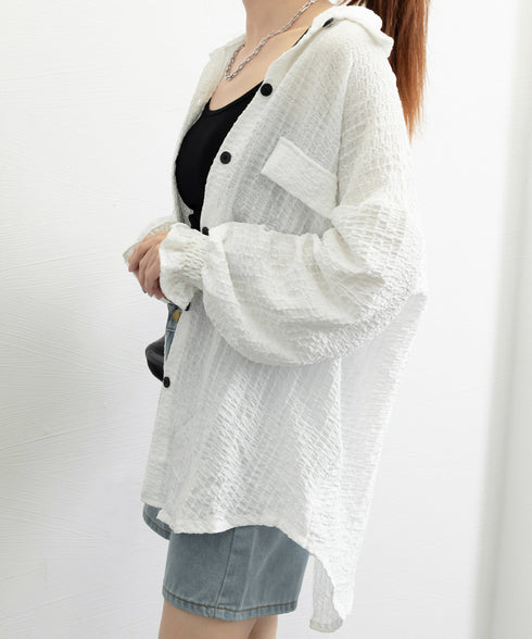 シャツカーディガン キャンディースリーブ シャツブラウス レディース 冷房対策羽織り 紫外線対策 ゆったり長袖トップス 着やせ 韓国風軽アウター春夏秋 ポロネック 80DAILAN-001