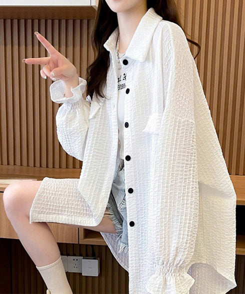 シャツカーディガン キャンディースリーブ シャツブラウス レディース 冷房対策羽織り 紫外線対策 ゆったり長袖トップス 着やせ 韓国風軽アウター春夏秋 ポロネック 80DAILAN-001