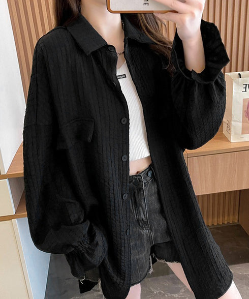 シャツカーディガン キャンディースリーブ シャツブラウス レディース 冷房対策羽織り 紫外線対策 ゆったり長袖トップス 着やせ 韓国風軽アウター春夏秋 ポロネック 80DAILAN-001