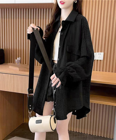 シャツカーディガン キャンディースリーブ シャツブラウス レディース 冷房対策羽織り 紫外線対策 ゆったり長袖トップス 着やせ 韓国風軽アウター春夏秋 ポロネック 80DAILAN-001