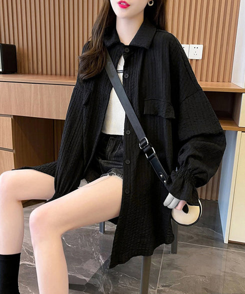 シャツカーディガン キャンディースリーブ シャツブラウス レディース 冷房対策羽織り 紫外線対策 ゆったり長袖トップス 着やせ 韓国風軽アウター春夏秋 ポロネック 80DAILAN-001