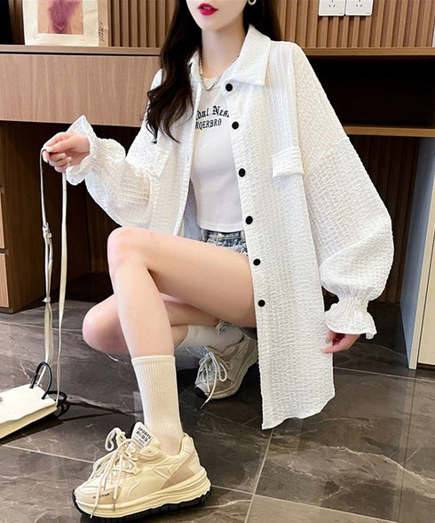 シャツカーディガン キャンディースリーブ シャツブラウス レディース 冷房対策羽織り 紫外線対策 ゆったり長袖トップス 着やせ 韓国風軽アウター春夏秋 ポロネック 80DAILAN-001