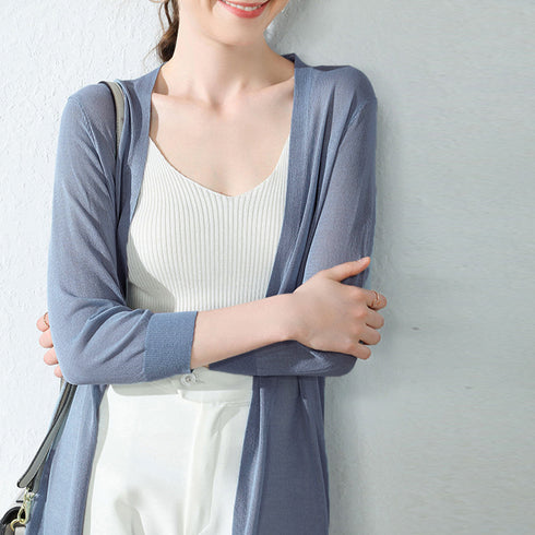 ロングカーディガン レディース 春夏薄手 サイドスリット サマーニットアウター 冷房対策カーディガン シースルー 無地ガウン シンプル 韓国風 80ENNING-001