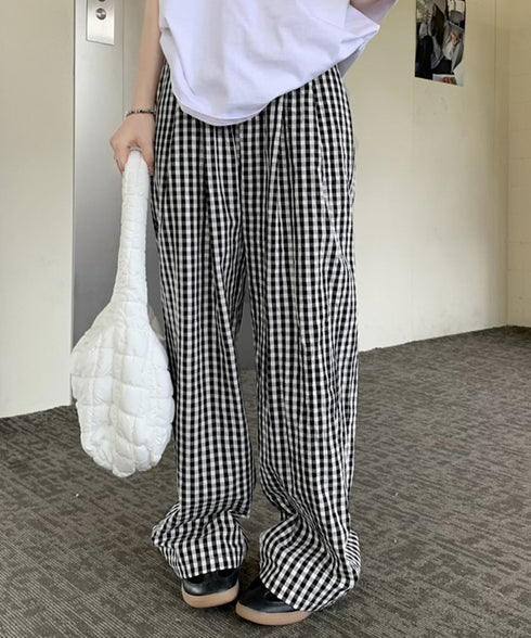 チェック柄ワイドパンツ ハイウエスト薄手 レディース ゆったりイージーパンツ ウエストゴム 美脚脚長ロングパンツ リラックス カジュアルパンツ 体型カバーおしゃれ 80FEIZ-001