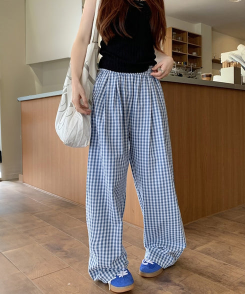 チェック柄ワイドパンツ ハイウエスト薄手 レディース ゆったりイージーパンツ ウエストゴム 美脚脚長ロングパンツ リラックス カジュアルパンツ 体型カバーおしゃれ 80FEIZ-001