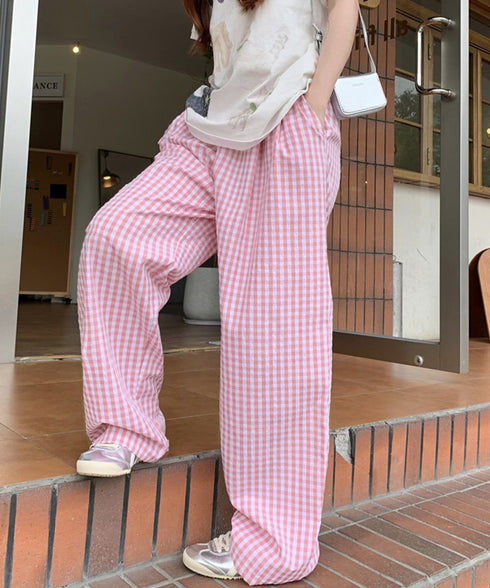 チェック柄ワイドパンツ ハイウエスト薄手 レディース ゆったりイージーパンツ ウエストゴム 美脚脚長ロングパンツ リラックス カジュアルパンツ 体型カバーおしゃれ 80FEIZ-001
