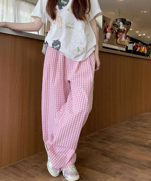 チェック柄ワイドパンツ ハイウエスト薄手 レディース ゆったりイージーパンツ ウエストゴム 美脚脚長ロングパンツ リラックス カジュアルパンツ 体型カバーおしゃれ 80FEIZ-001