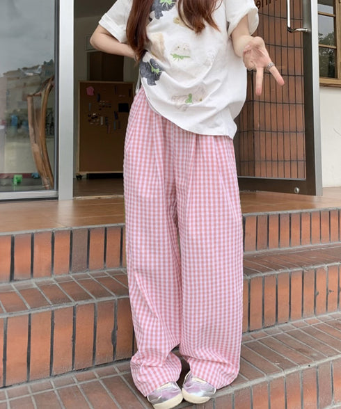 チェック柄ワイドパンツ ハイウエスト薄手 レディース ゆったりイージーパンツ ウエストゴム 美脚脚長ロングパンツ リラックス カジュアルパンツ 体型カバーおしゃれ 80FEIZ-001
