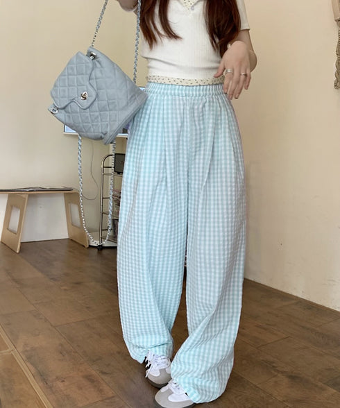 チェック柄ワイドパンツ ハイウエスト薄手 レディース ゆったりイージーパンツ ウエストゴム 美脚脚長ロングパンツ リラックス カジュアルパンツ 体型カバーおしゃれ 80FEIZ-001