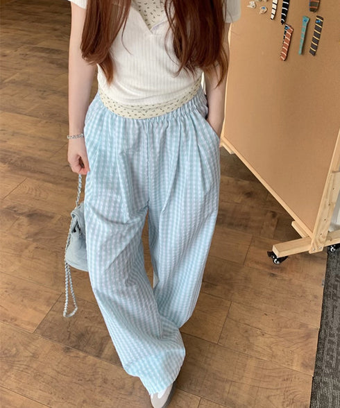 チェック柄ワイドパンツ ハイウエスト薄手 レディース ゆったりイージーパンツ ウエストゴム 美脚脚長ロングパンツ リラックス カジュアルパンツ 体型カバーおしゃれ 80FEIZ-001