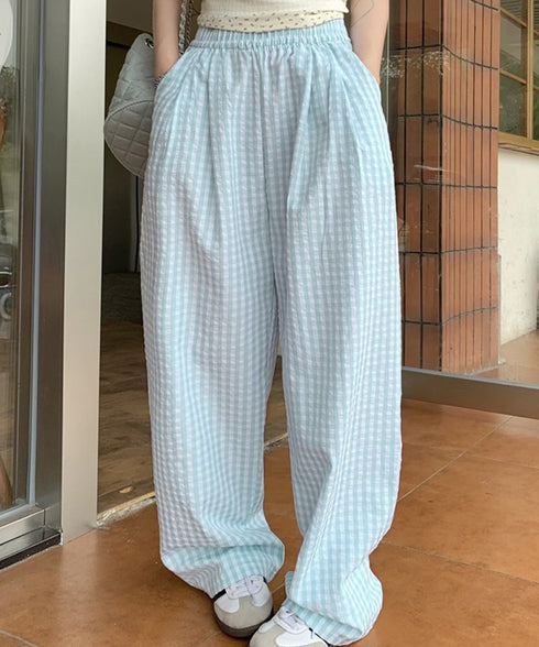 チェック柄ワイドパンツ ハイウエスト薄手 レディース ゆったりイージーパンツ ウエストゴム 美脚脚長ロングパンツ リラックス カジュアルパンツ 体型カバーおしゃれ 80FEIZ-001