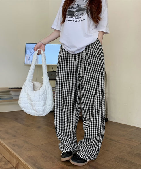 チェック柄ワイドパンツ ハイウエスト薄手 レディース ゆったりイージーパンツ ウエストゴム 美脚脚長ロングパンツ リラックス カジュアルパンツ 体型カバーおしゃれ 80FEIZ-001
