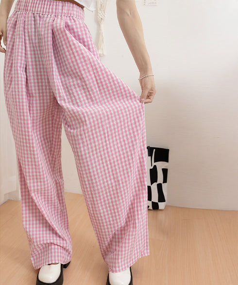 チェック柄ワイドパンツ ハイウエスト薄手 レディース ゆったりイージーパンツ ウエストゴム 美脚脚長ロングパンツ リラックス カジュアルパンツ 体型カバーおしゃれ 80FEIZ-001