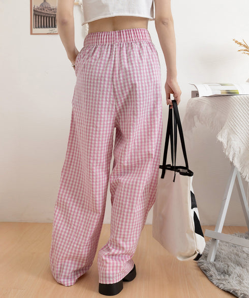 チェック柄ワイドパンツ ハイウエスト薄手 レディース ゆったりイージーパンツ ウエストゴム 美脚脚長ロングパンツ リラックス カジュアルパンツ 体型カバーおしゃれ 80FEIZ-001