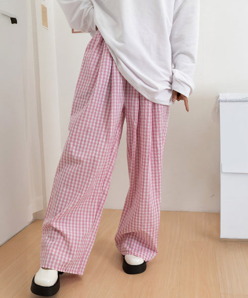 チェック柄ワイドパンツ ハイウエスト薄手 レディース ゆったりイージーパンツ ウエストゴム 美脚脚長ロングパンツ リラックス カジュアルパンツ 体型カバーおしゃれ 80FEIZ-001