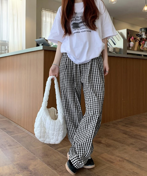 チェック柄ワイドパンツ ハイウエスト薄手 レディース ゆったりイージーパンツ ウエストゴム 美脚脚長ロングパンツ リラックス カジュアルパンツ 体型カバーおしゃれ 80FEIZ-001