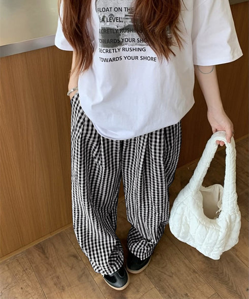 チェック柄ワイドパンツ ハイウエスト薄手 レディース ゆったりイージーパンツ ウエストゴム 美脚脚長ロングパンツ リラックス カジュアルパンツ 体型カバーおしゃれ 80FEIZ-001