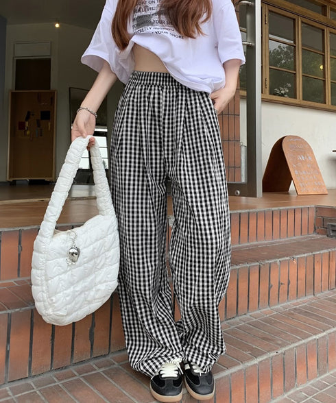 チェック柄ワイドパンツ ハイウエスト薄手 レディース ゆったりイージーパンツ ウエストゴム 美脚脚長ロングパンツ リラックス カジュアルパンツ 体型カバーおしゃれ 80FEIZ-001