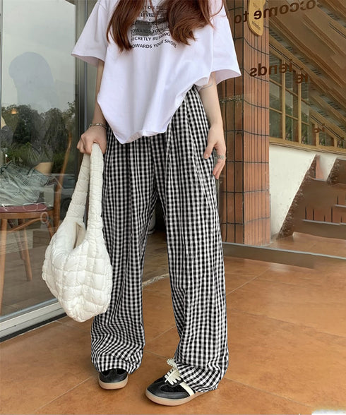 チェック柄ワイドパンツ ハイウエスト薄手 レディース ゆったりイージーパンツ ウエストゴム 美脚脚長ロングパンツ リラックス カジュアルパンツ 体型カバーおしゃれ 80FEIZ-001