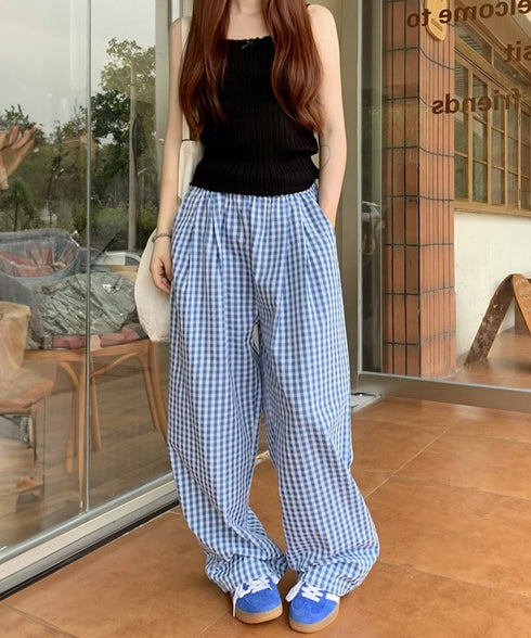 チェック柄ワイドパンツ ハイウエスト薄手 レディース ゆったりイージーパンツ ウエストゴム 美脚脚長ロングパンツ リラックス カジュアルパンツ 体型カバーおしゃれ 80FEIZ-001
