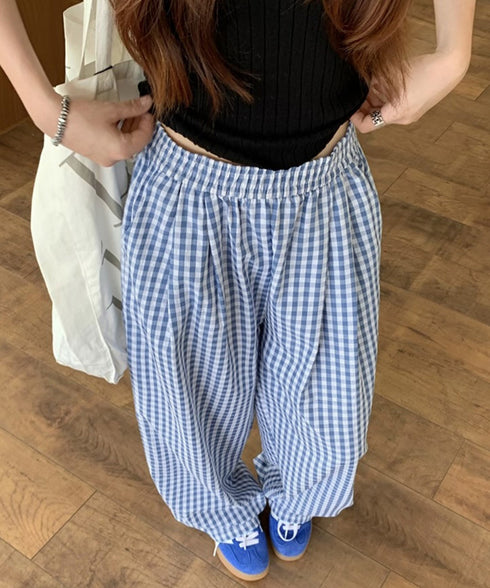 チェック柄ワイドパンツ ハイウエスト薄手 レディース ゆったりイージーパンツ ウエストゴム 美脚脚長ロングパンツ リラックス カジュアルパンツ 体型カバーおしゃれ 80FEIZ-001