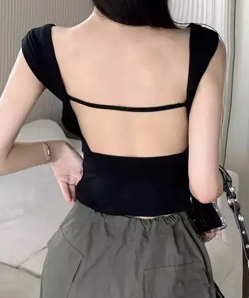 カップ付き タンクトップ バックオープン クロップドカットソー レディース 背中魅せ スリムフィットヨガウェア セクシー肌着 大人Uネック インナートップス韓国風 80FUR-001