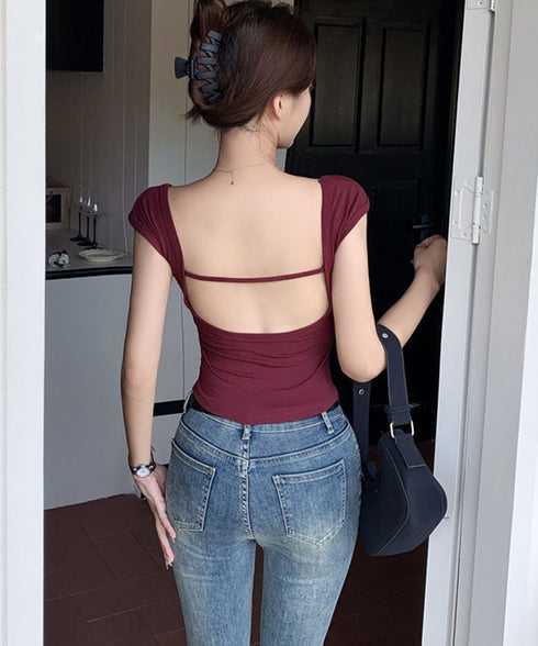 カップ付き タンクトップ バックオープン クロップドカットソー レディース 背中魅せ スリムフィットヨガウェア セクシー肌着 大人Uネック インナートップス韓国風 80FUR-001